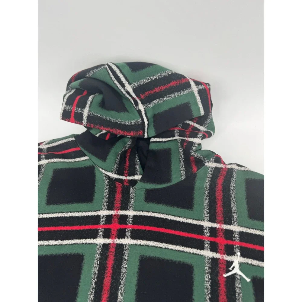 Jordan Plaid Hoodie Mens XXL Green Black Red Jumpman Fleece Pullover Streetwear